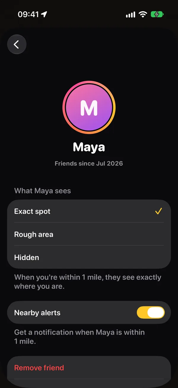 A friend's settings with options for exact location, fuzzy location and hidden